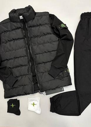 Мужской спортивный костюм stone island жилетка + свитшот + штаны черный без капюшона стон айленд (bon)