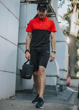 Чоловічий літній костюм nike футболка поло + шорти + барсетка + кепка в подарунок червоний із чорним комплект найк (bon)1 фото