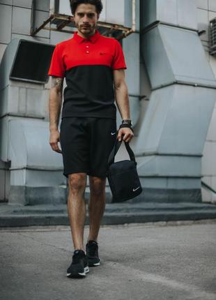 Чоловічий літній костюм nike футболка поло + шорти + барсетка + кепка в подарунок червоний із чорним комплект найк (bon)3 фото