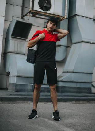 Чоловічий літній костюм nike футболка поло + шорти + барсетка + кепка в подарунок червоний із чорним комплект найк (bon)8 фото