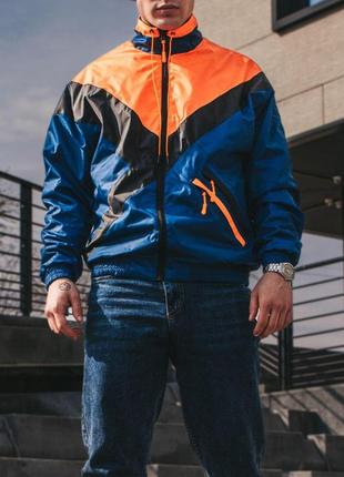 Чоловіча вітровка ретро без капюшона синя з жовтогарячим легка куртка весняна літня (bon)