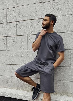 Чоловічий літній оверсайз костюм футболка + шорти графітовий спортивний комплект на літо (bon)3 фото