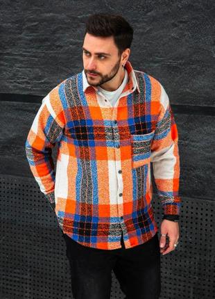 Мужская кашемировая рубашка оверсайз оранжевая с синим в клетку теплая байка (bon)