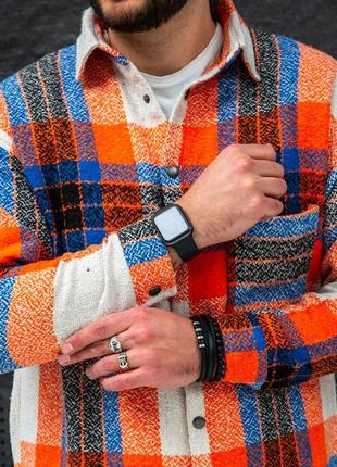 Мужская кашемировая рубашка оверсайз оранжевая с синим в клетку теплая байка (bon)6 фото