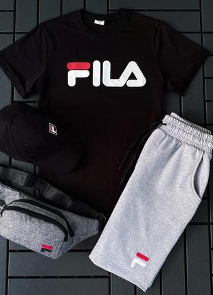 Чоловічий літній костюм fila футболка + шорти + кепка + барсетка чорний із сірим комплектом філа (bon)