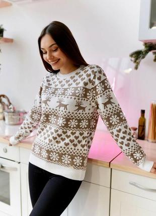 Жіночий новорічний светр з оленями білий теплий без горла кофта з новорічним принтом вовняна (bon)