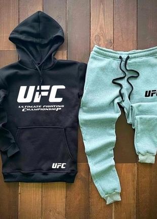 Чоловічий зимовий спортивний костюм ufc чорний із сірим  утеплений комплект юфс худі та штани на флісі (bon)
