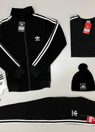 Чоловічий зимовий спортивний костюм adidas чорний адіас набір 5в1 світшот + штани + футболка + шапка (bon)