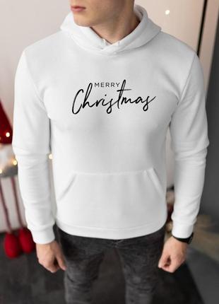 Чоловіче новорічне худі "merry chistmas" сіре на флісі з капюшоном чоловіча толстовка з новорічним принтом (bon)