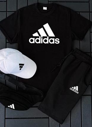 Мужской летний костюм adidas футболка + шорты + кепка + барсетка в подарок белый с черным комплект (bon)6 фото