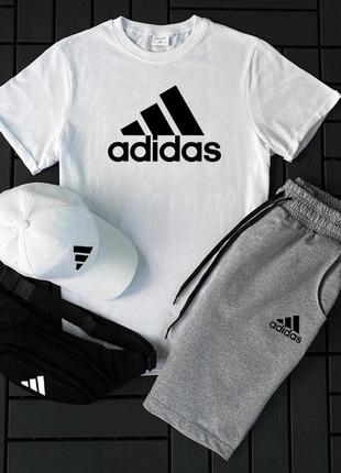 Мужской летний костюм adidas футболка + шорты + кепка + барсетка в подарок белый с черным комплект (bon)5 фото