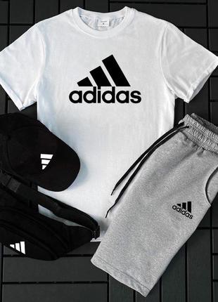 Мужской летний костюм adidas футболка + шорты + кепка + барсетка в подарок белый с черным комплект (bon)3 фото