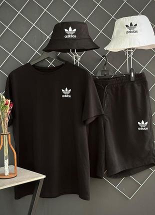 Мужской летний костюм 3в1 adidas футболка + шорты + панамка черный комплект адидас на лето (bon)