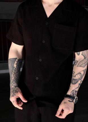 Мужской летний костюм из муслина рубашка + шорты черный повседневный (bon)5 фото