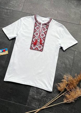 Чоловіча футболка-вишиванка біла з червоним теніска з вишивкою літня трикотажна (bon)