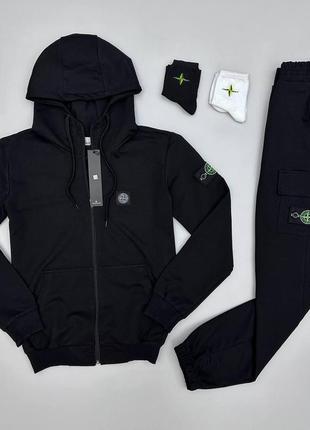 Мужской спортивный костюм stone island толстовка + штаны черный с капюшоном на молнии стон айленд (bon)