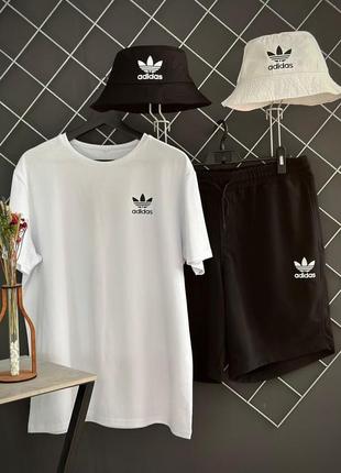 Мужской летний костюм 3в1 adidas футболка + шорты + панамка комплект адидас на лето белый с черным (bon)