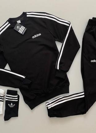 Мужской утепленный спортивный костюм adidas черный без капюшона | комплект зимний адидас свитшот и штаны (bon)