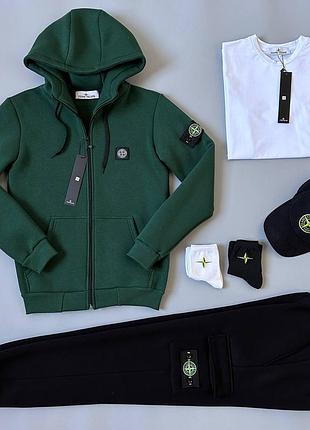 Чоловічий зимовий спортивний костюм stone island хакі + футболка + кепка + шкарпетки на флісі теплий (bon)