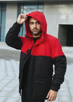 Мужская парка демисезонная черная с красным до 0*с | куртка удлиненная осенняя весенняя с капюшоном (bon)5 фото