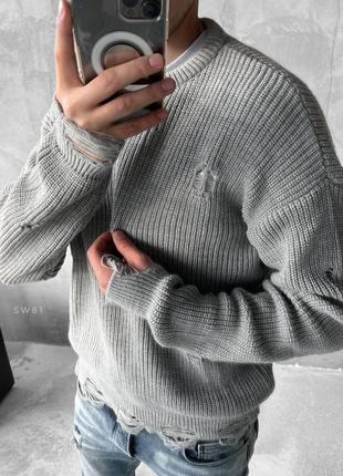 Мужской рваный свитер оверсайз серый шерстяной теплый кофта с дырками на зиму без горла (bon)2 фото