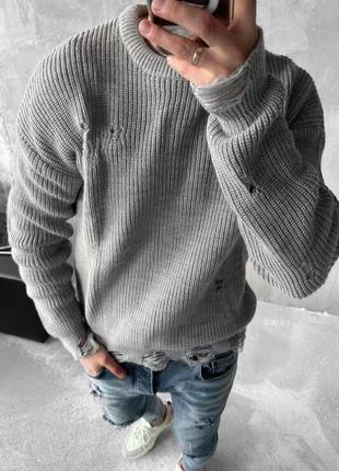 Мужской рваный свитер оверсайз серый шерстяной теплый кофта с дырками на зиму без горла (bon)3 фото