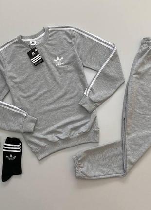 Мужской утепленный спортивный костюм adidas серый без капюшона | комплект зимний адидас свитшот и штаны (bon)