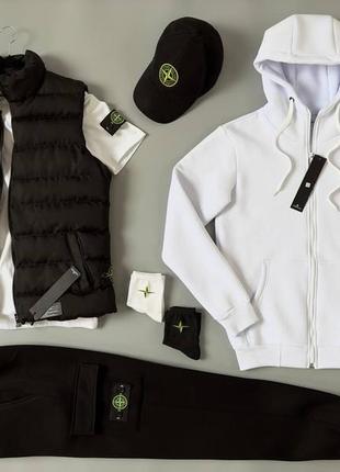 Чоловічий зимовий спортивний костюм stone island білий на флісі + жилетка + футболка + кепка стон айленд (bon)