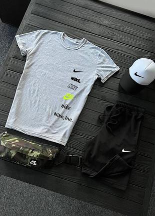 Мужской летний костюм nike 4в1 футболка + шорты + кепка + барсетка в подарок серый с черным найк (bon)