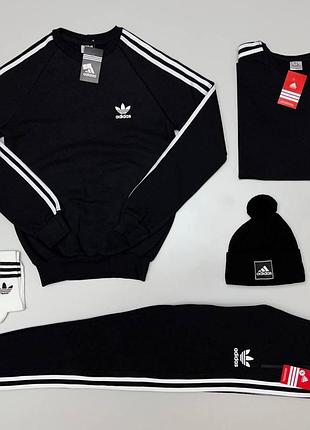 Мужской зимний спортивный костюм adidas черный на флисе | комплект адидас свитшот + штаны + футболка + шапка
