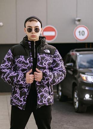 Мужская женская зимняя куртка the north face пуховик оверсайз до -30*с тнф унисекс черная с фиолетовым (bon)
