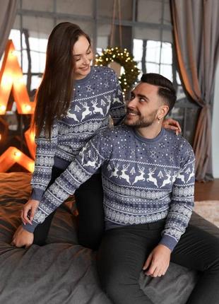 Парные новогодние свитера для пары с оленями джинсовые без горла шерстяной (bon)