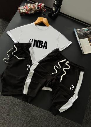 Мужской летний костюм nba футболка + штаны + шорты черно-белый комплект нба (bon)