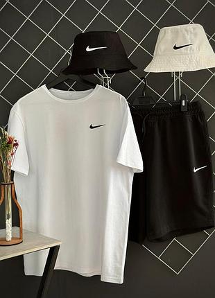 Мужской летний костюм 3в1 nike футболка + шорты + панамка белый с черным комплект найк на лето (bon)