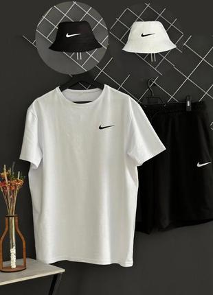Мужской летний костюм 3в1 nike футболка + шорты + панамка белый с черным комплект найк на лето (bon)3 фото