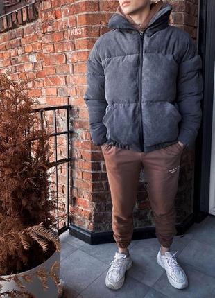 Чоловіча зимова вельветова куртка сіра оверсайз без капюшона до -20 °c  ⁇  чоловічий вельветовий пуховик зимовий (bon)2 фото