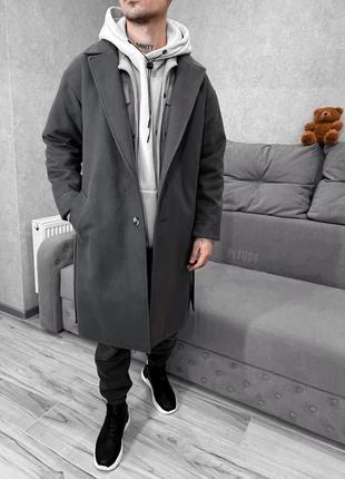 Мужское пальто оверсайз темно-серое длинное кашемировое на пуговицах демисезонное (bon)7 фото