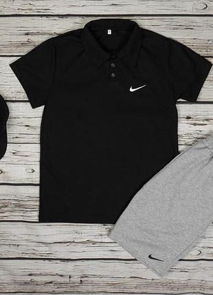 Мужской летний костюм nike поло + шорты + кепка хлопковый комплект найк черный с серым (bon)
