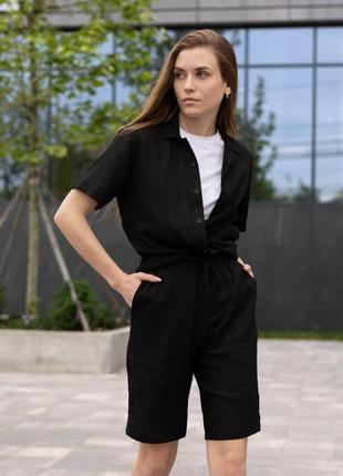Женский летний костюм льняной рубашка + шорты черный повседневный (bon)6 фото