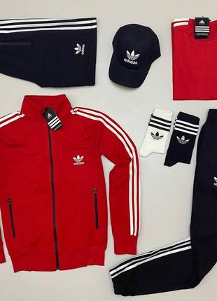 Мужской спортивный костюм adidas адидас 7в1 кофта штаны шорты и кепка носки в подарок черный с красным (bon)
