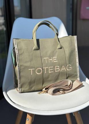 Женская сумка шопер the tote bag marc jacobs в текстиле хаки подарочная сумка марк джейкобс (bon)1 фото