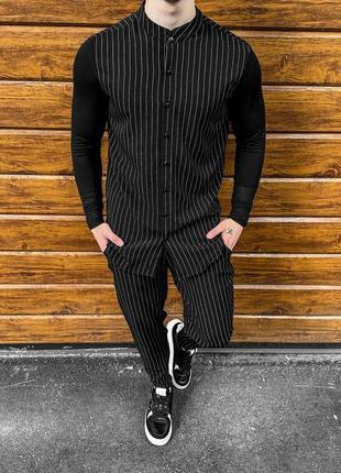 Мужской классический костюм рубашка + брюки черный повседневный в полоску (bon)2 фото