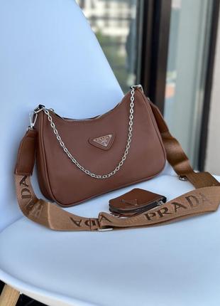 Женская нейлоновая сумка prada 2в1 кросс-бади с кошельком сумочка прада коричневая (bon)
