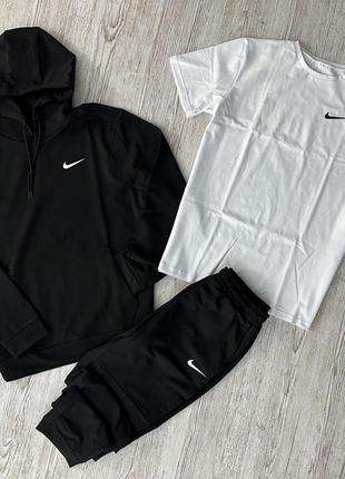 Мужской спортивный костюм nike 3в1 черный с белым весенний осенний | комплект худи + штаны + футболка найк