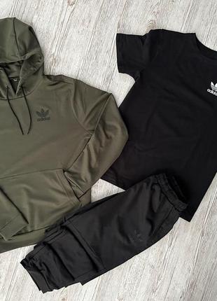 Чоловічий спортивний костюм adidas 3в1 хакі з чорним | комплект адідас худі + штани + футболка