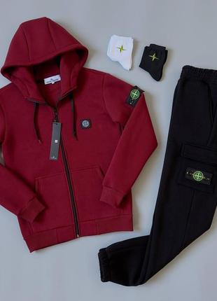 Чоловічий зимовий спортивний костюм stone island червоний на флісі стон айленд теплий з капюшоном (bon)1 фото