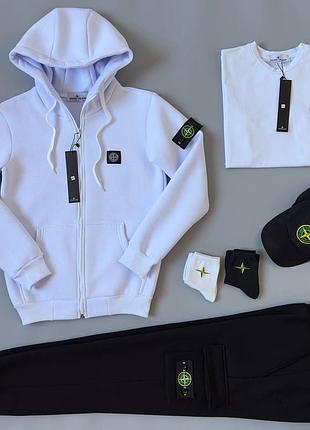 Чоловічий зимовий спортивний костюм stone island білий + футболка + кепка + шкарпетки на флісі теплий (bon)