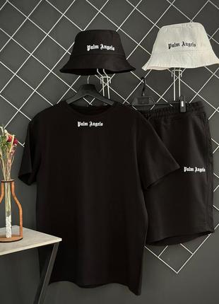 Мужской летний костюм 3в1 palm angels футболка + шорты + панамка черный комплект палм энджелс на лето (bon)