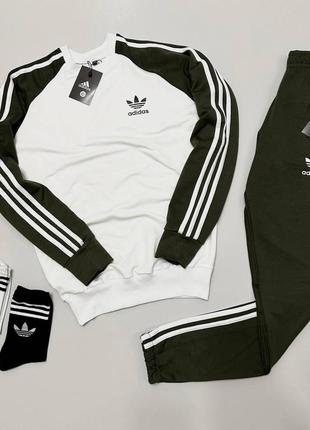 Мужской спортивный костюм adidas белый с черным без капюшона весенний | комплект адидас свитшот и штаны (bon)