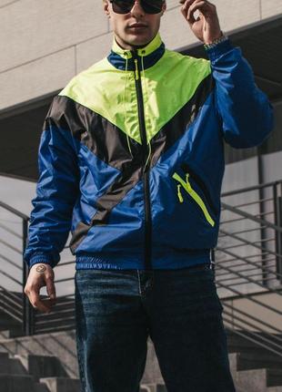 Чоловіча вітровка ретро без капюшона синя з жовтим легка куртка весняна літня (bon)